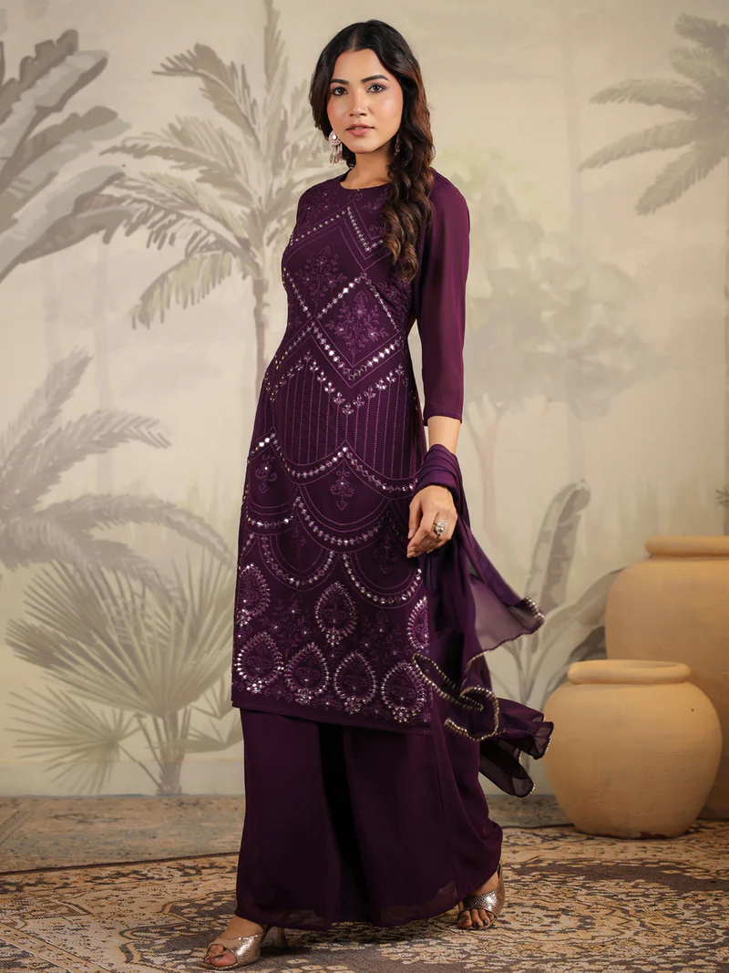 Purple Georgette Mirror Work Embroidered Straight Kurta With Palazzo Set