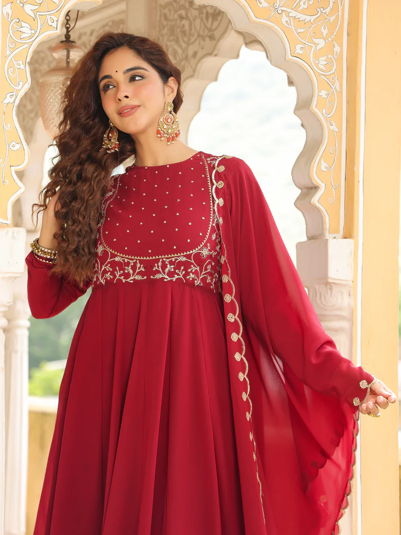 Maroon Georgette Embroidered Anarkali Kurta Set