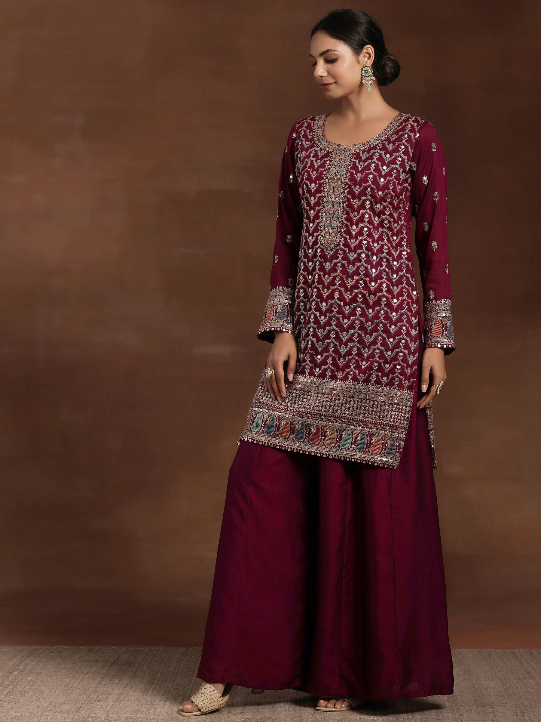 Wine Embroidered Silk Blend Straight Kurta With Palazzos & Dupatta