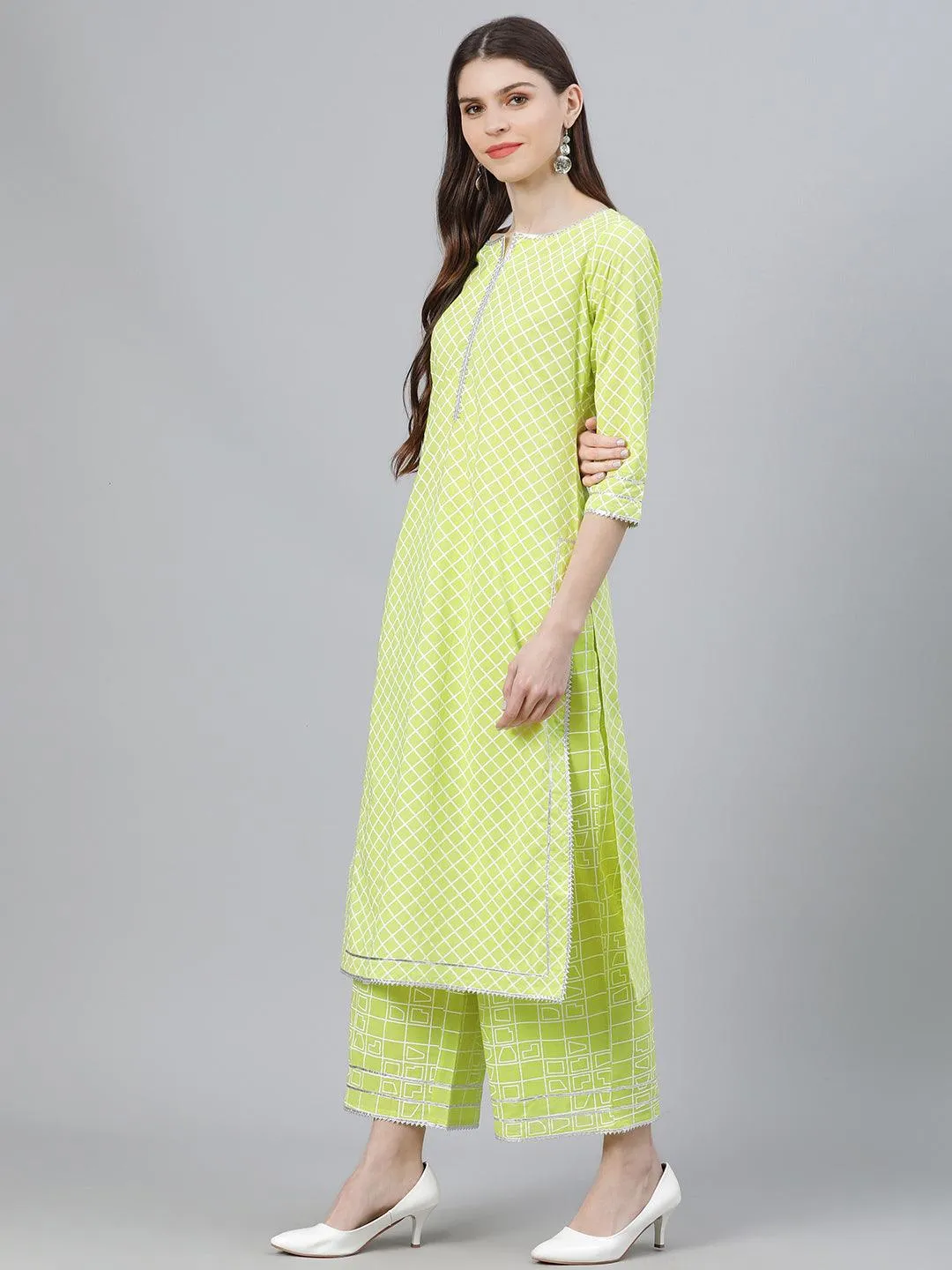 Green Printed Cotton Straight Kurta With Palazzos & Dupatta