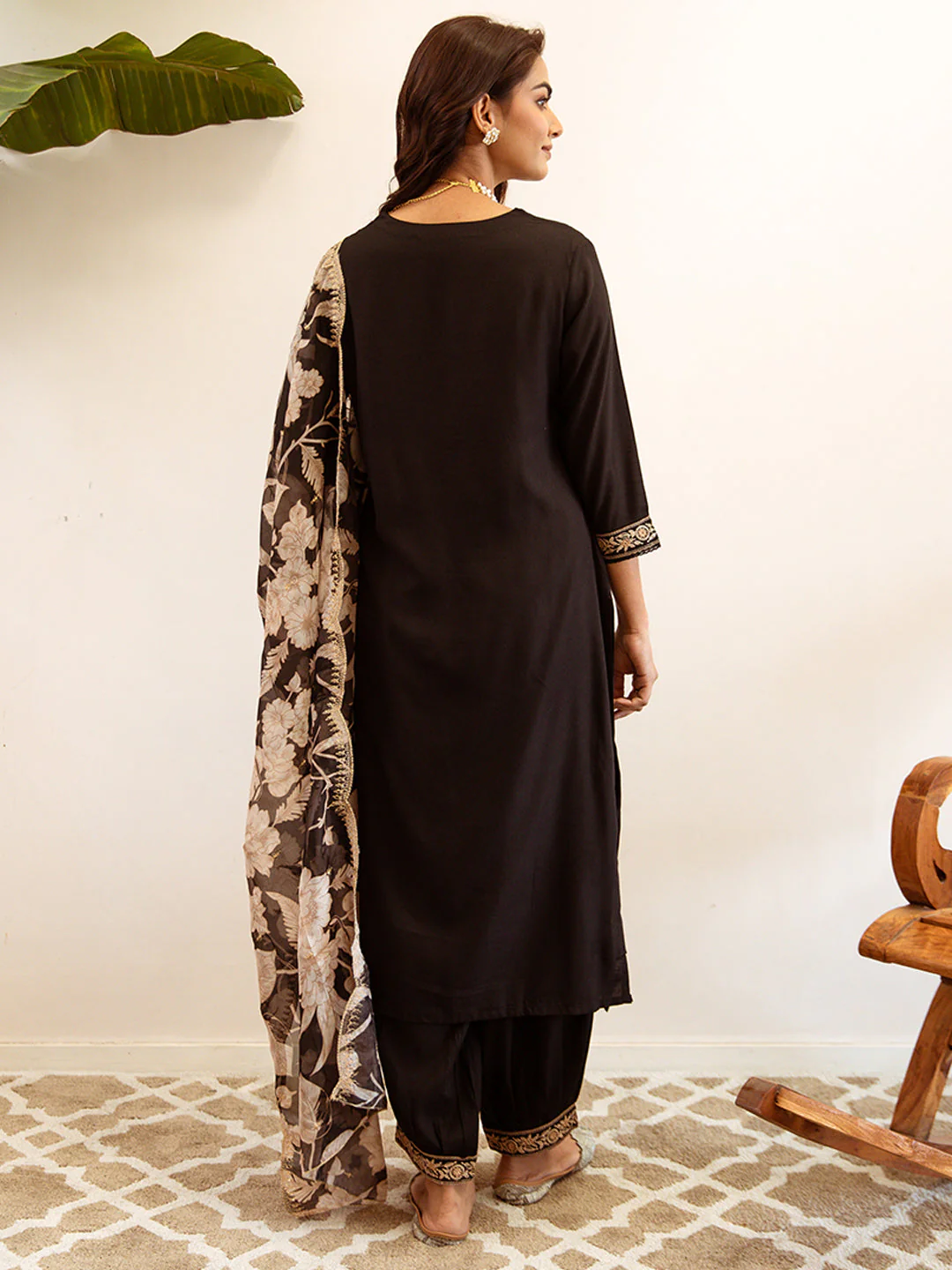 Black Embroidered Straight Kurta Salwar With Dupatta set