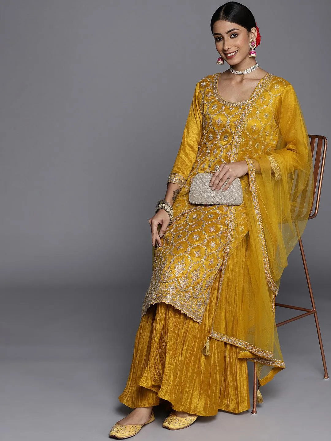 Mustard Embroidered Silk Blend Pakistani Suit