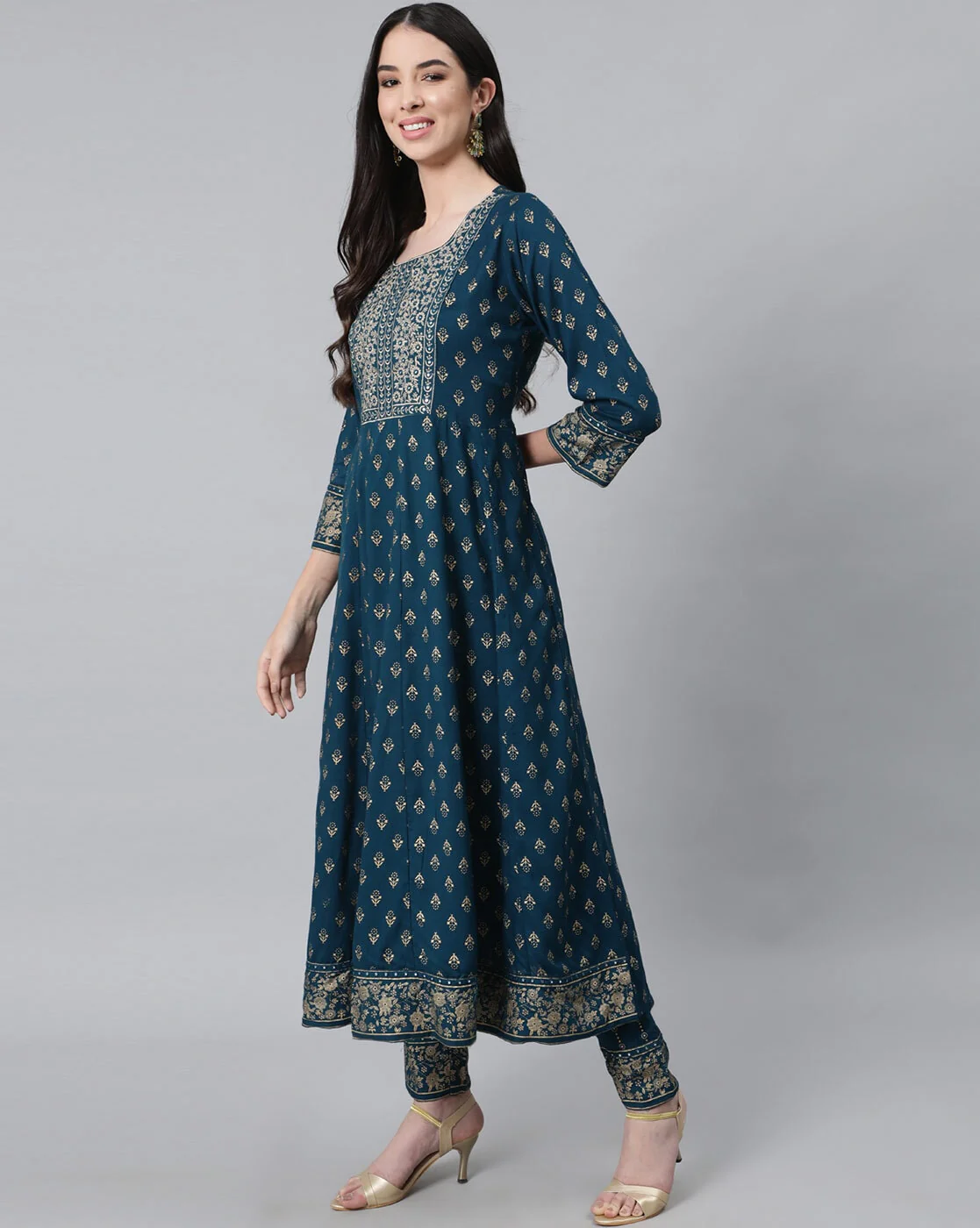 Bottlegreen Embroidered Anarkali With Palazzo & Dupatta