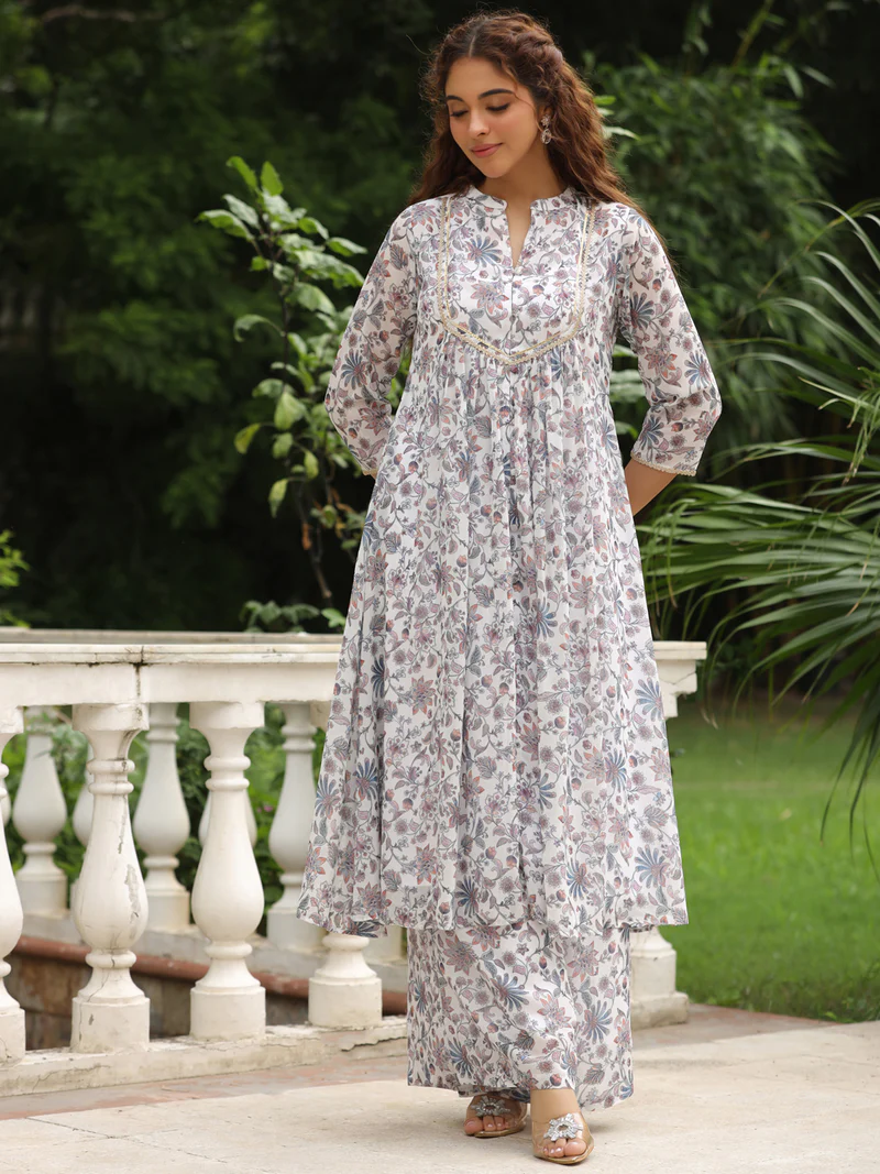 White Georgette Floral Printed A-Line Kurta Set