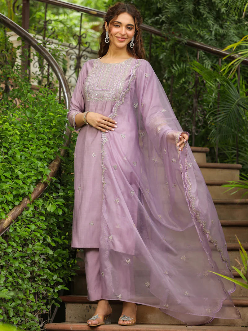 Lavender Silk Blend Embroidered Straight Kurta Set