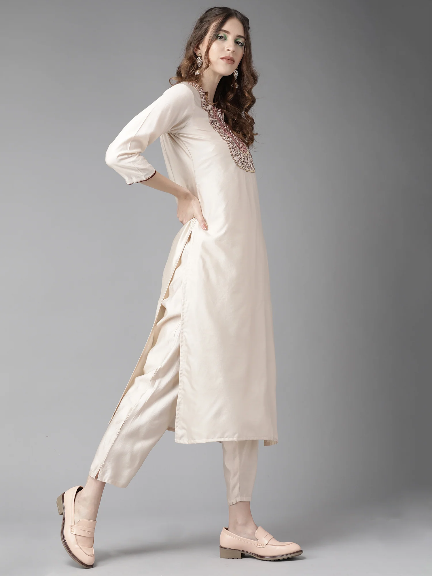 Off White Embroidered Straight Kurta Trouser With Dupatta Set