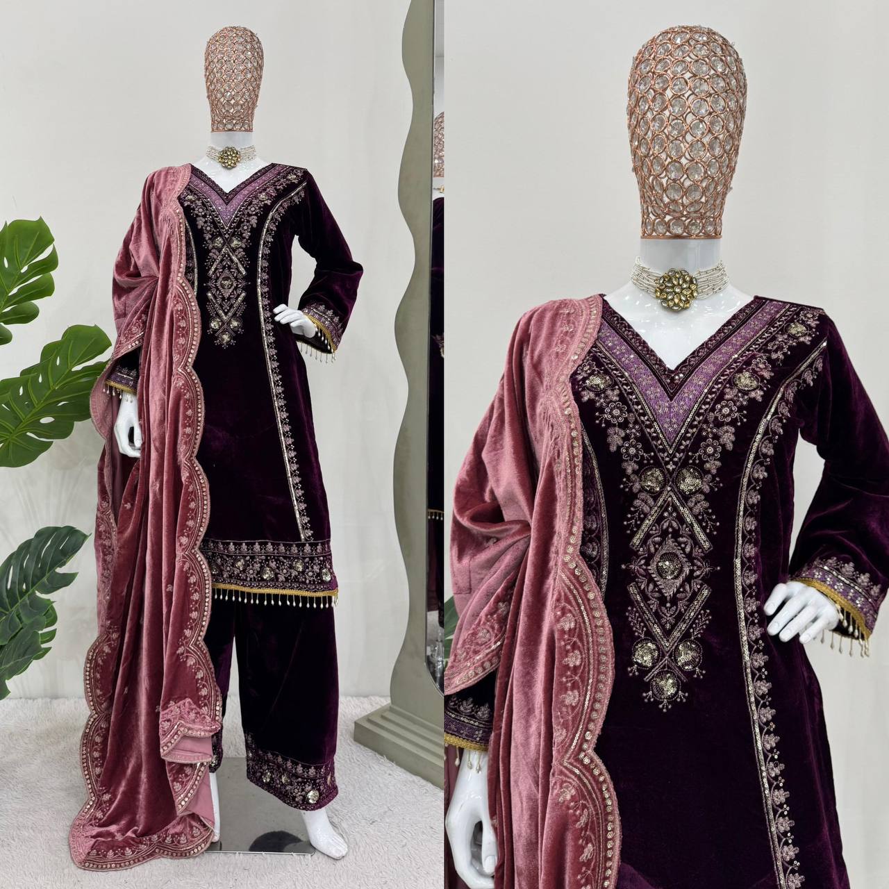 "Wine Color Viscose Velvet Kurta Set: Regal and Sophisticated Ethnic Ensemble"