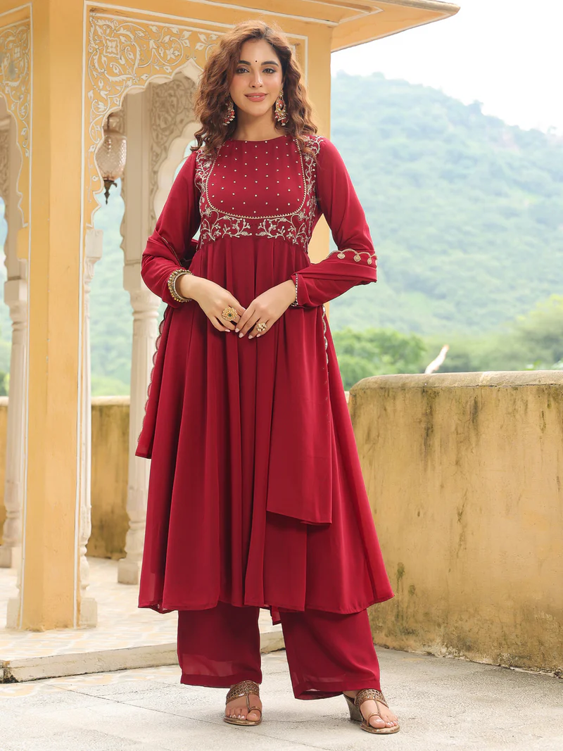 Maroon Georgette Embroidered Anarkali Kurta Set