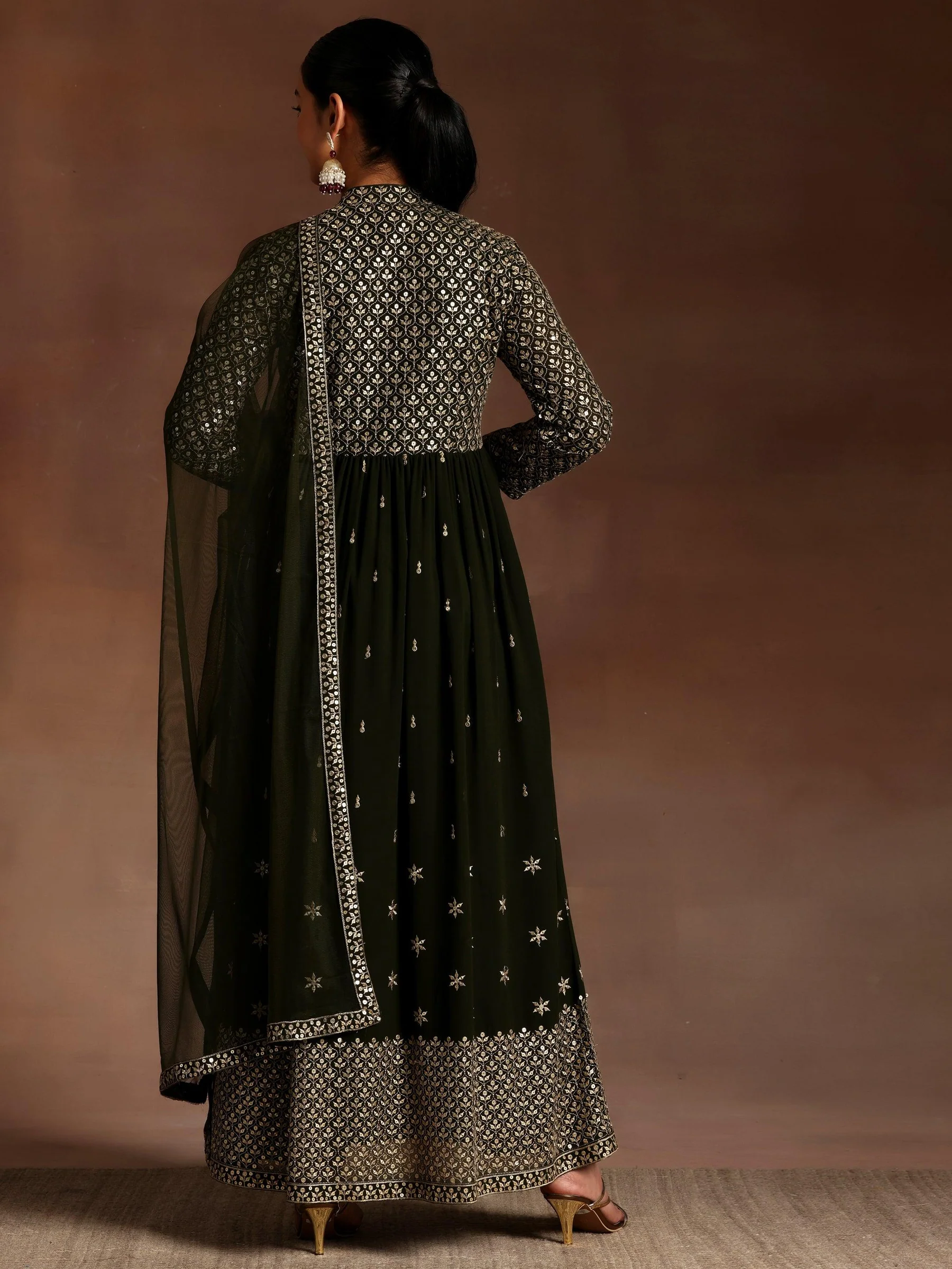 Olive Embroidered Georgette A-Line Kurta With Trousers & Dupatta