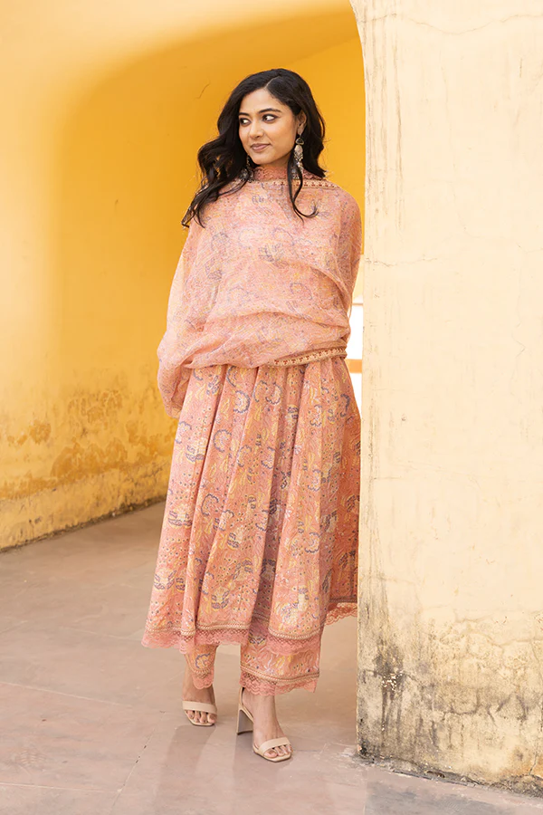 The Peach Handblock Anarkali Set With Doriya Dupatta