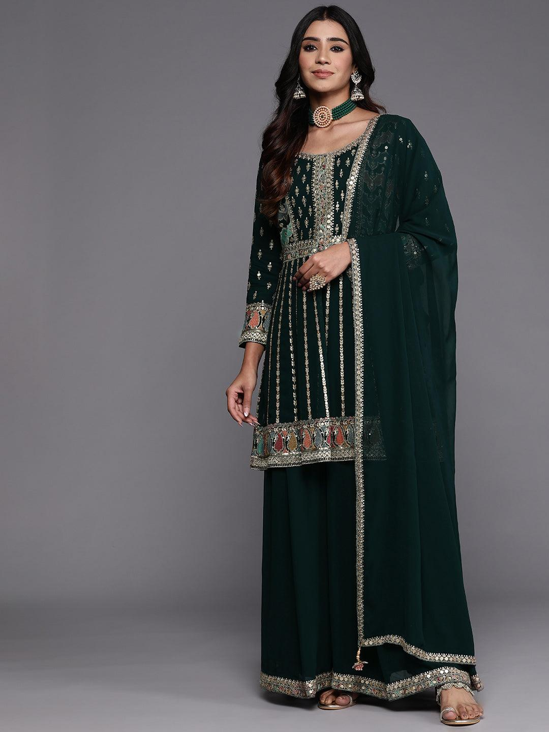 Green Embroidered Georgette Anarkali Suit With Dupatta