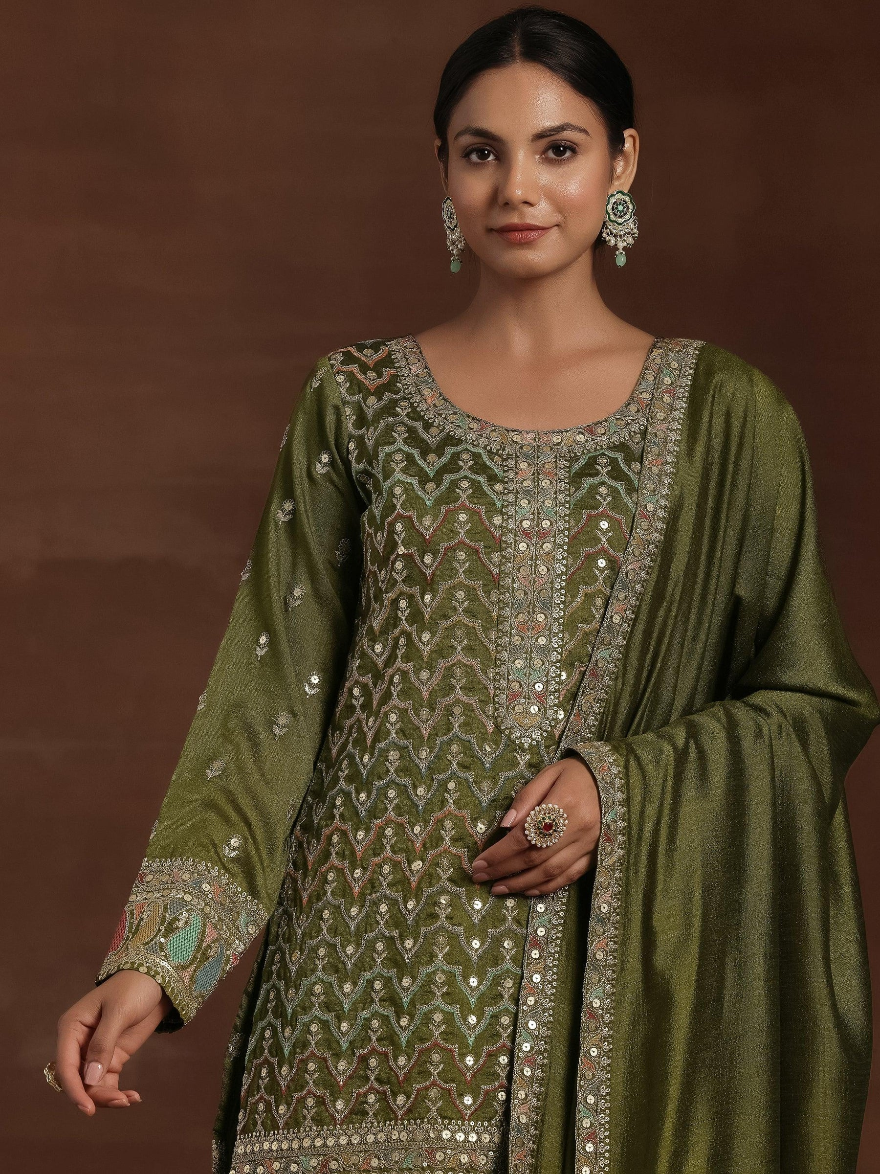 Olive Embroidered Silk Blend Straight Kurta With Palazzos & Dupatta