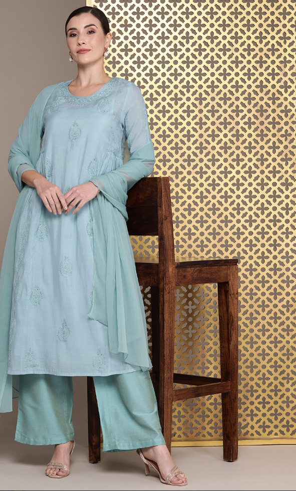 Floral Chikankari Embroidered flared Jashn Kurta with Palazzo & Dupatta