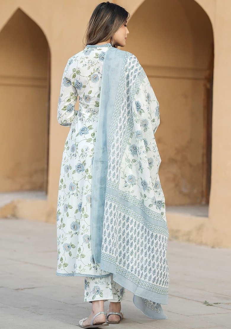 Floral Printed V-Neck Thread Work Pure Cotton Empire Kurta With Trousers And Dupatta