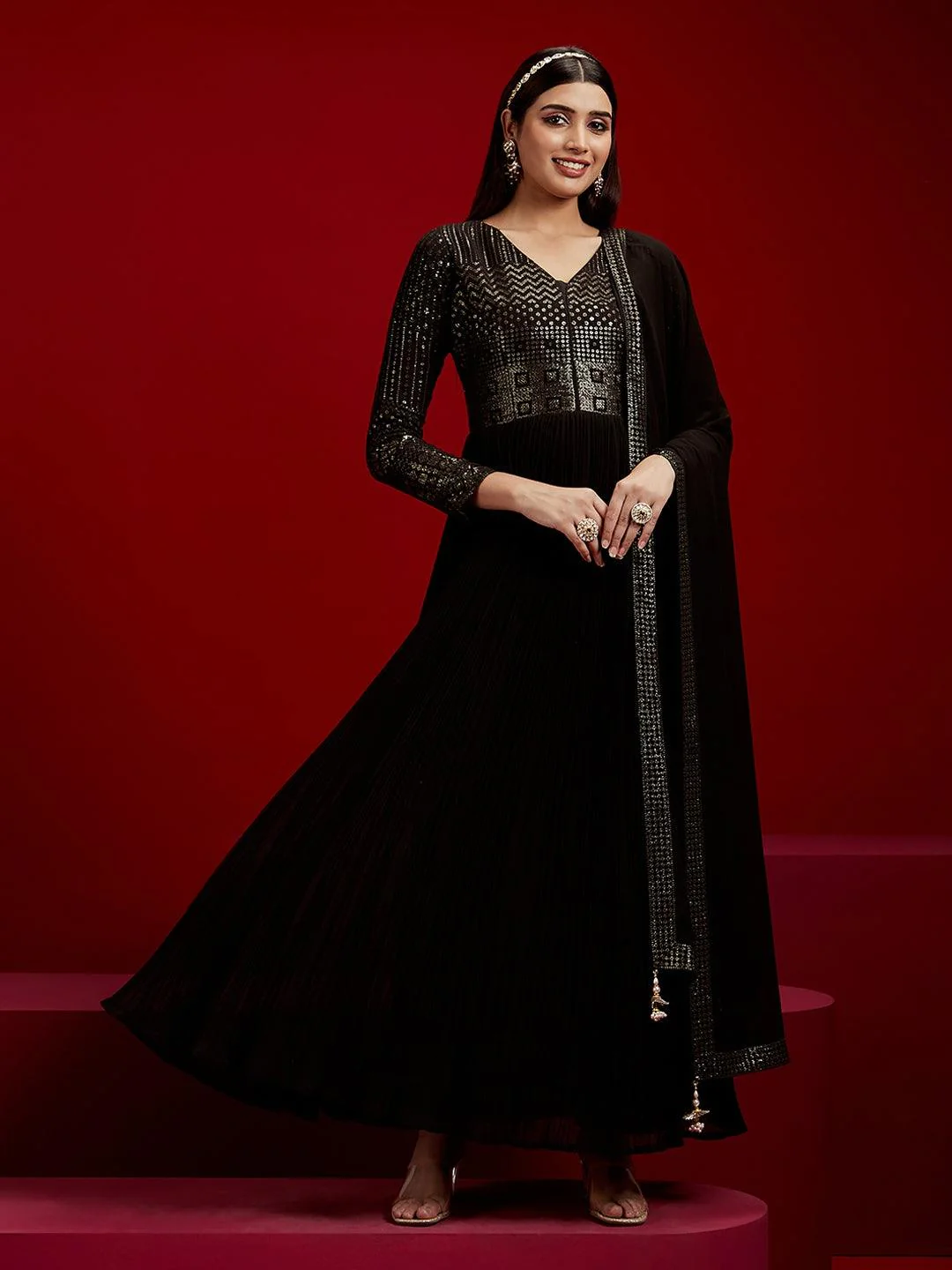 Black Yoke Design Georgette A-Line Kurta With Trousers & Dupatta