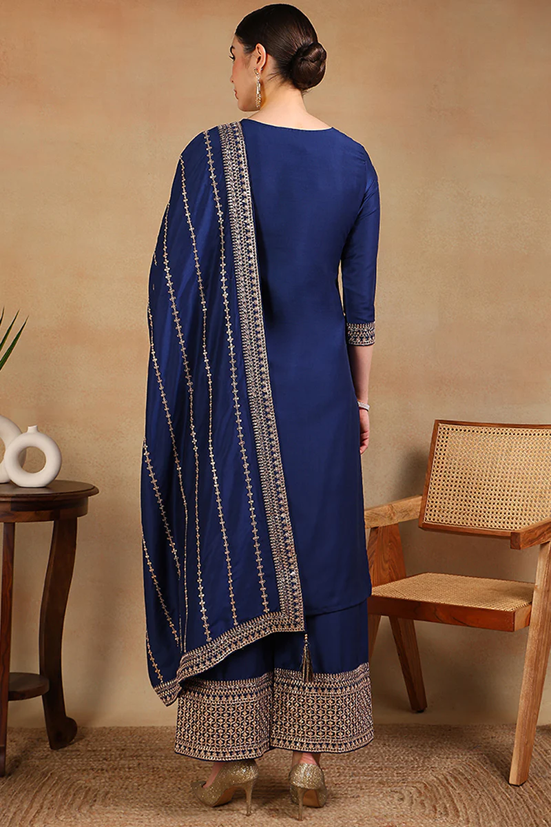 Blue Silk Blend Solid Yoke Design Straight Suit Set