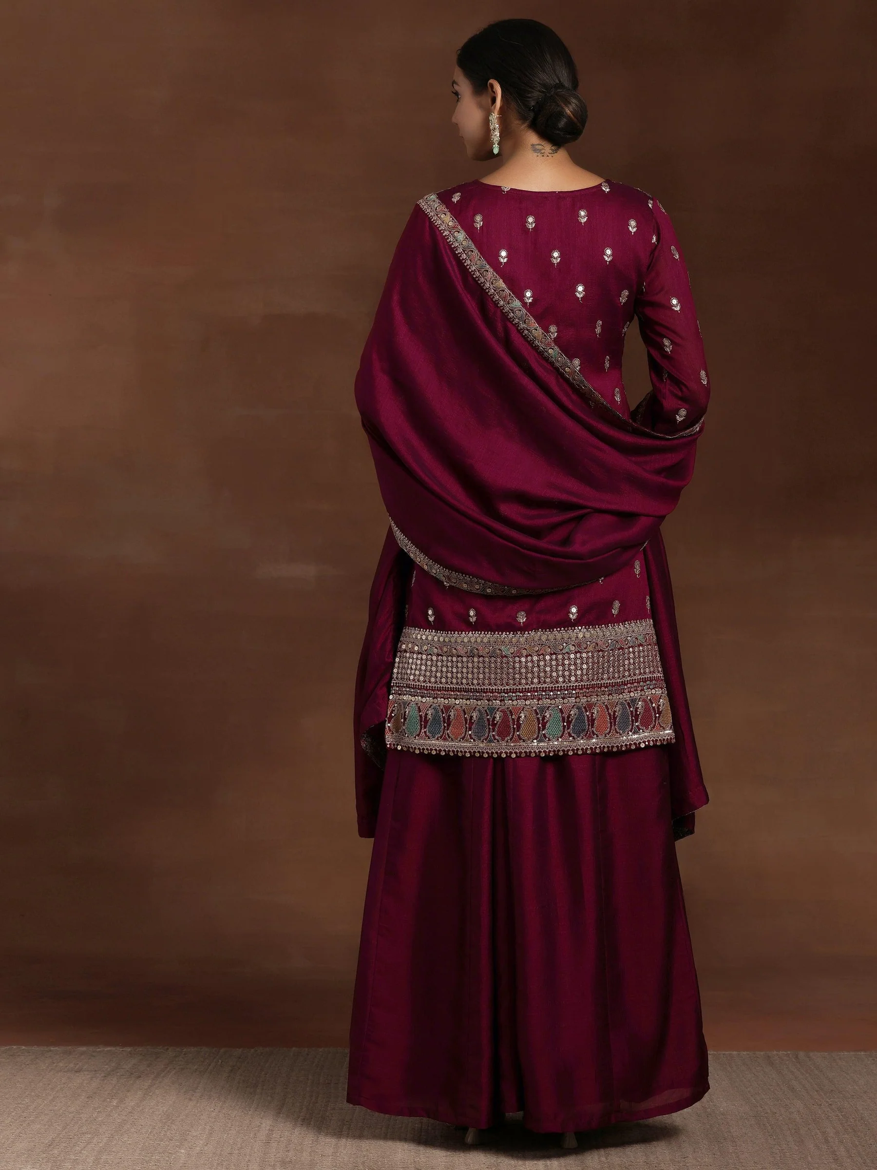 Wine Embroidered Silk Blend Straight Kurta With Palazzos & Dupatta