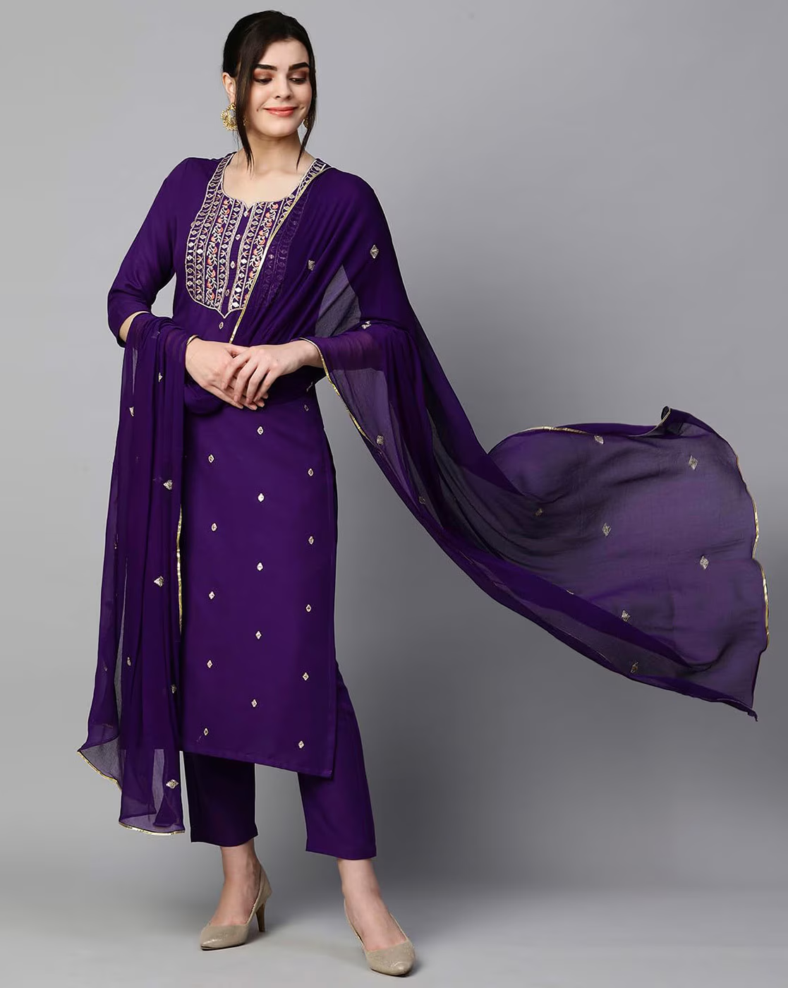 Women Embroidered Straight Kurta & Pants with Dupatta