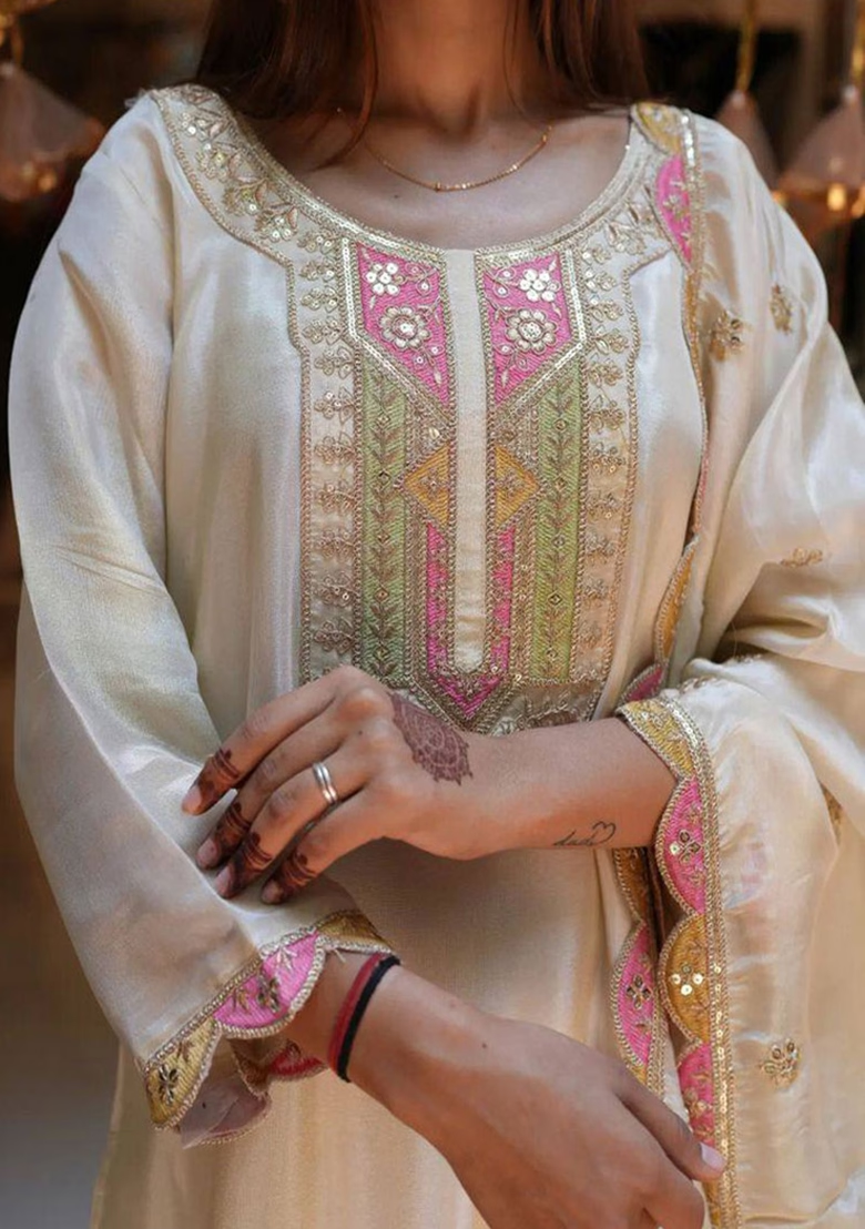 Cream Embroidered Viscose Kurta Set