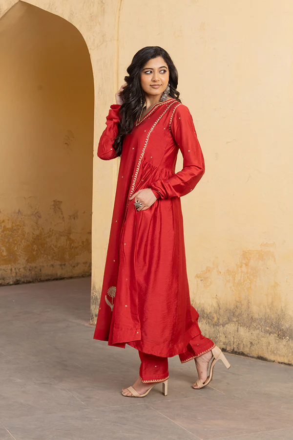 Red Chanderi Three Kali Embroidered Suit Set