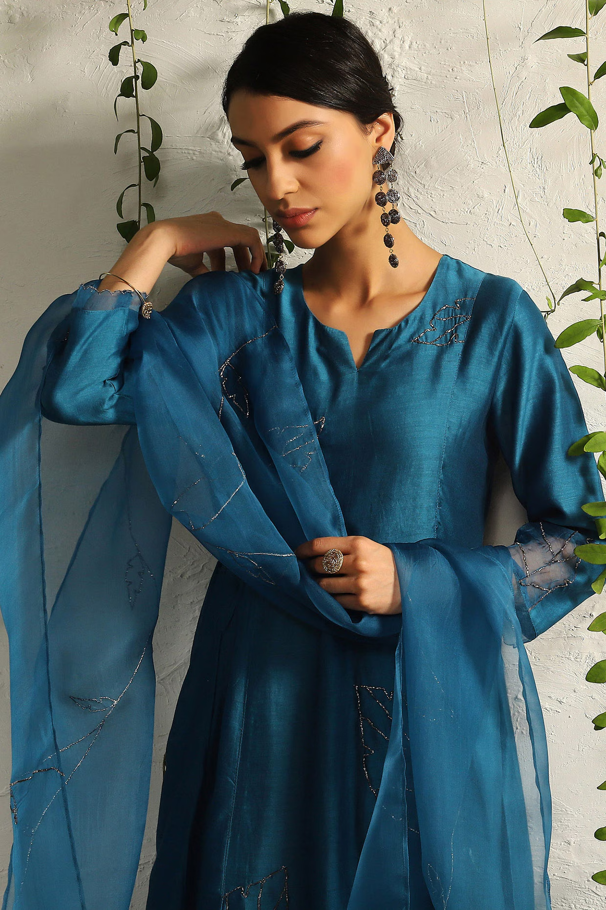 True Blue Chanderi Embroidered Kurta Set