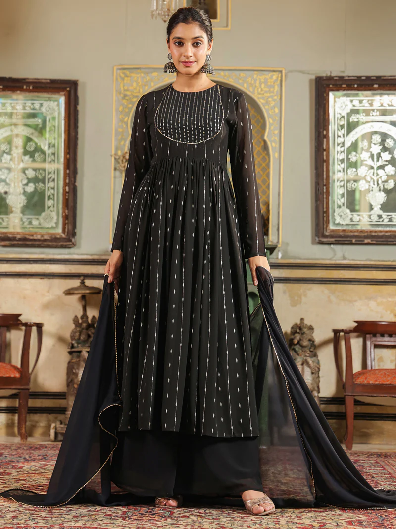 Black Georgette Foil Printed Anarkali Kurta Set