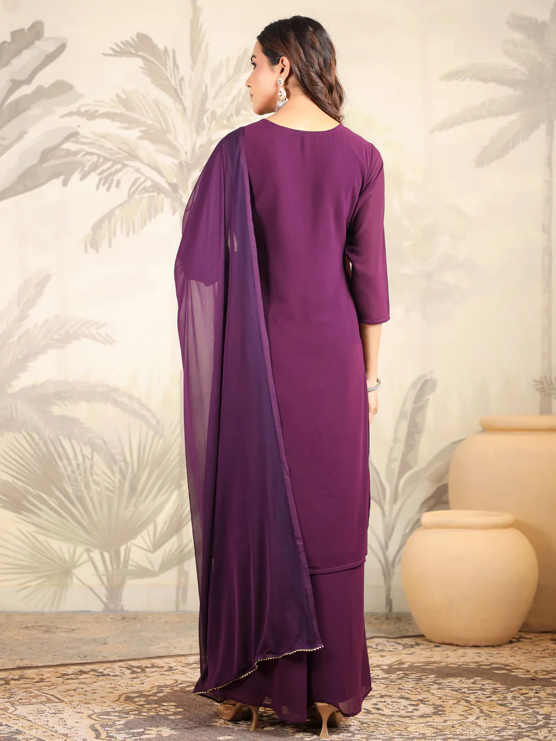 Purple Georgette Mirror Work Embroidered Straight Kurta With Palazzo Set