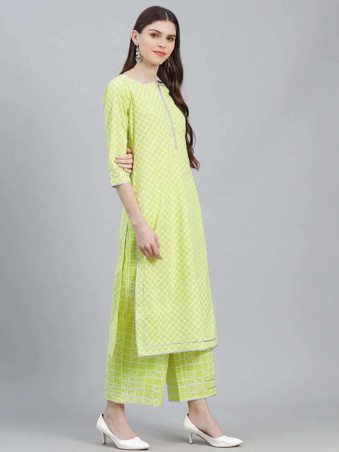 Green Printed Cotton Straight Kurta With Palazzos & Dupatta