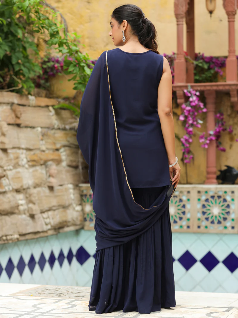 Navy Blue Georgette Embroidered Straight Kurta Set