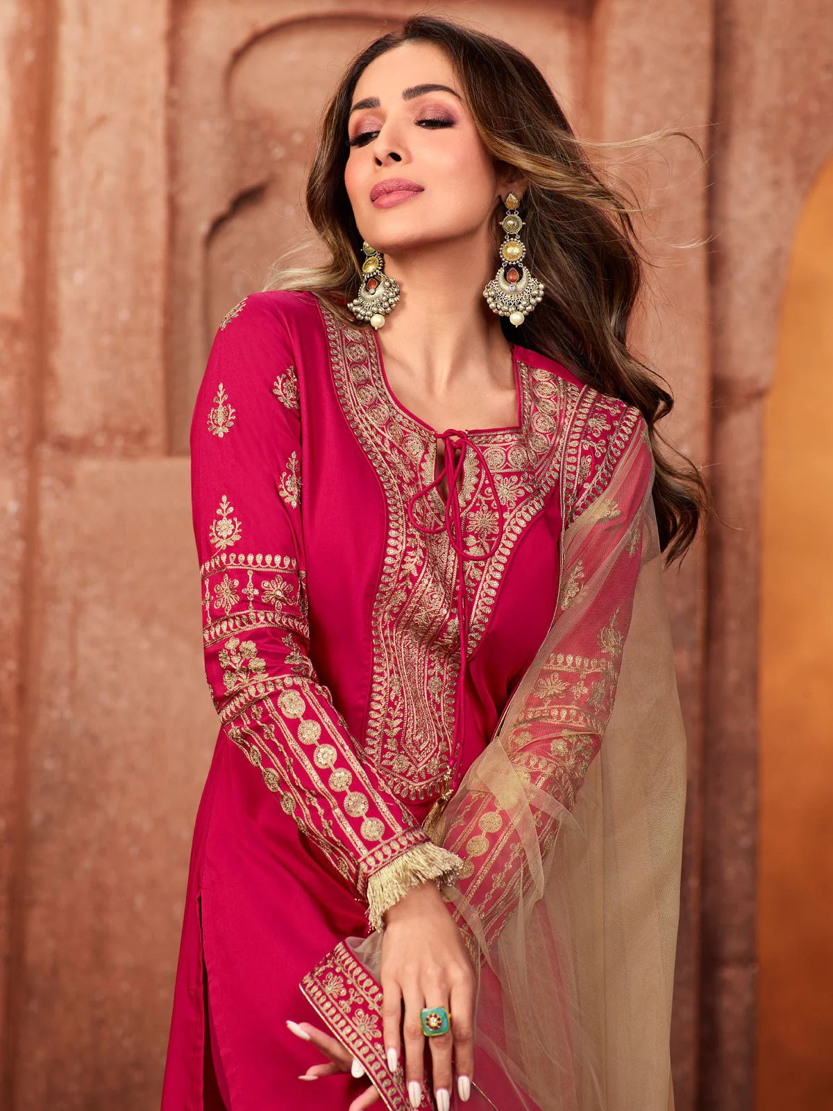 Magenta & Gold Embroidered Kurta Suit