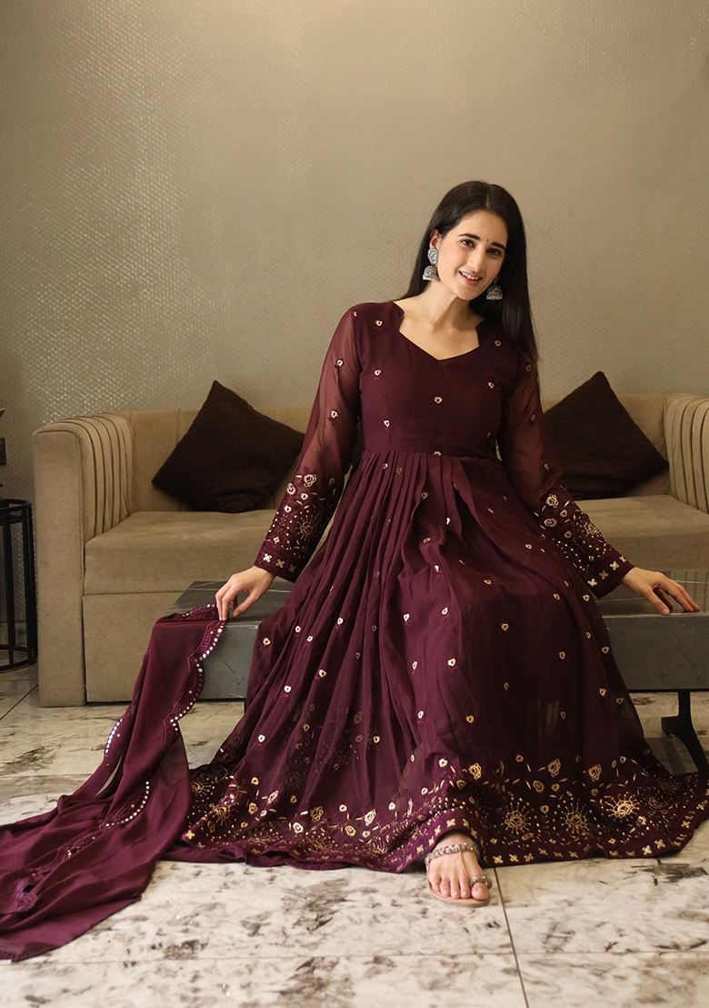 Wine Embroidered Georgette Anarkali Set