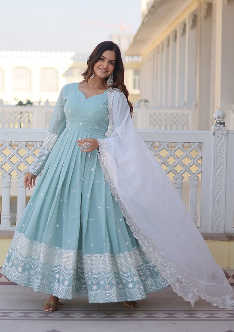 Light Blue Embroidered Georgette Anarkali Set