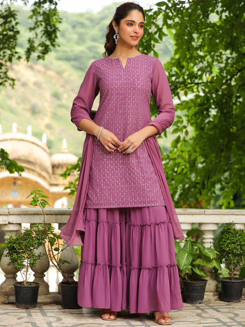 Lavender Georgette Embroidered Straight Sharara Kurta Set