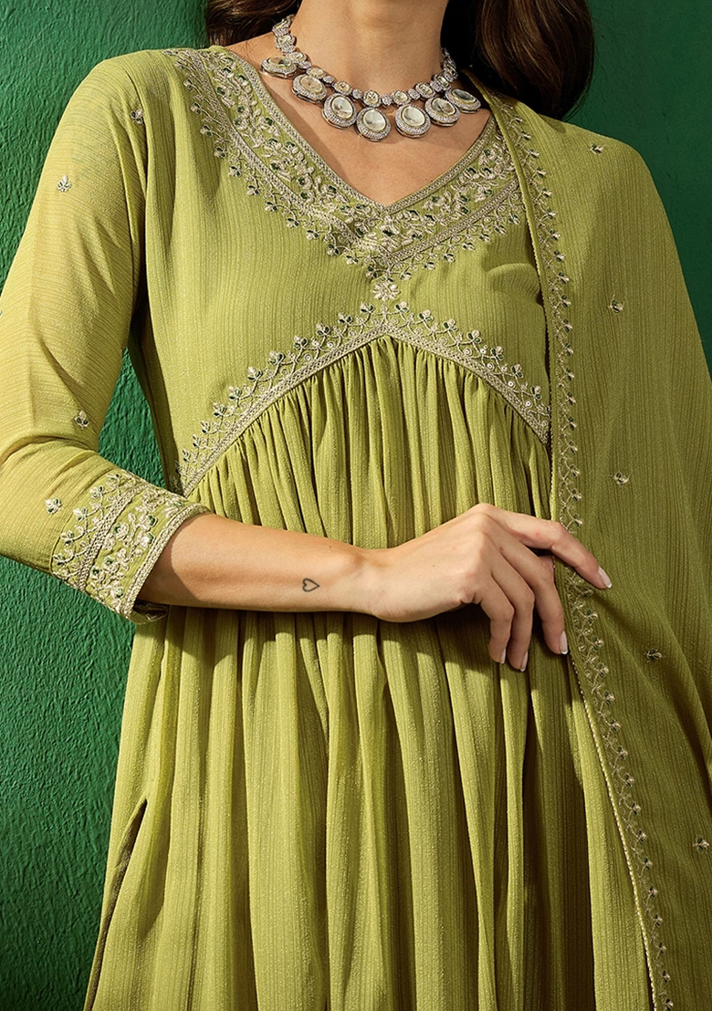 Mehendi Zari Sequin Embroidered Georgette Kurta Set