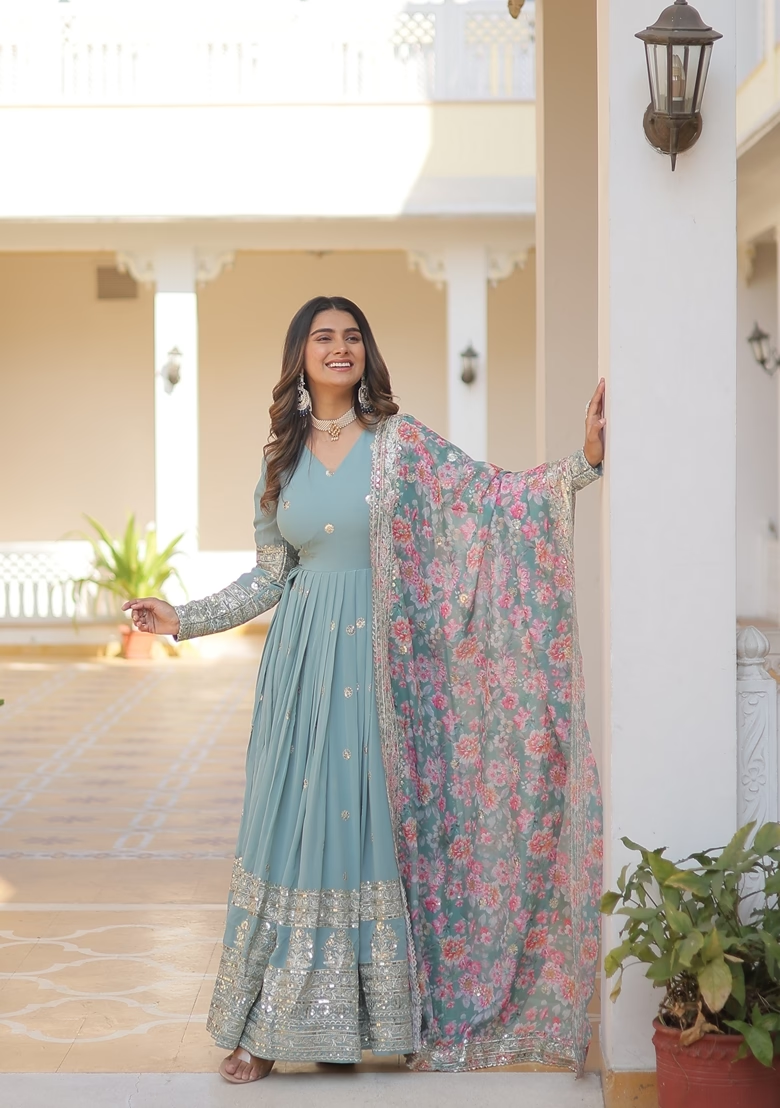 Sky Blue Embroidered Georgette Anarkali Kurta With Dupatta