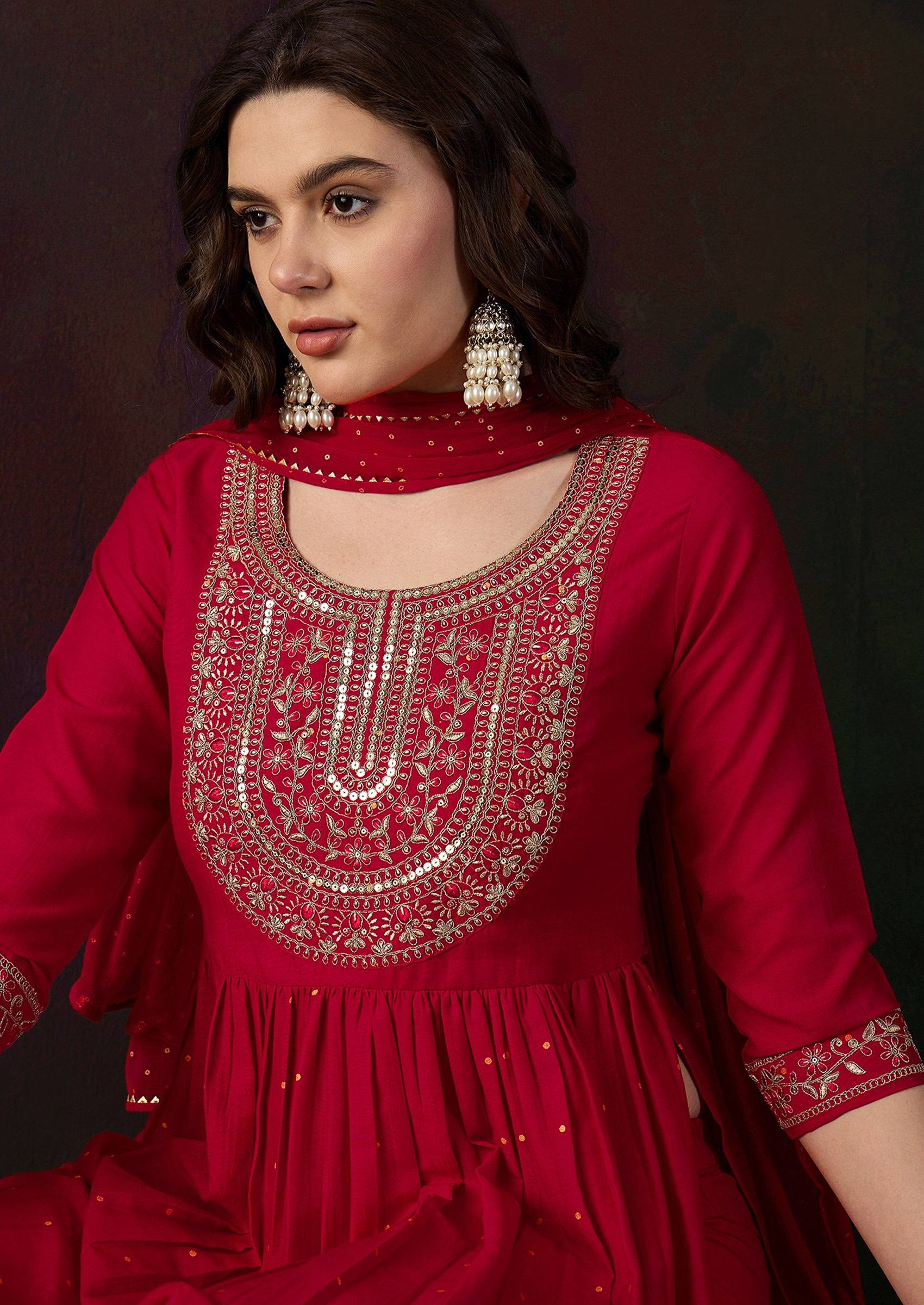 Red Zari Sequin Embroidered Chinon Kurta Set