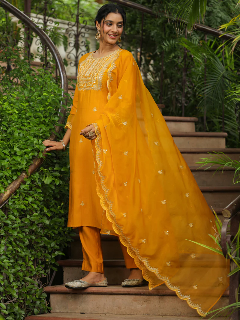 Mustard Silk Blend Embroidered Straight Kurta Set