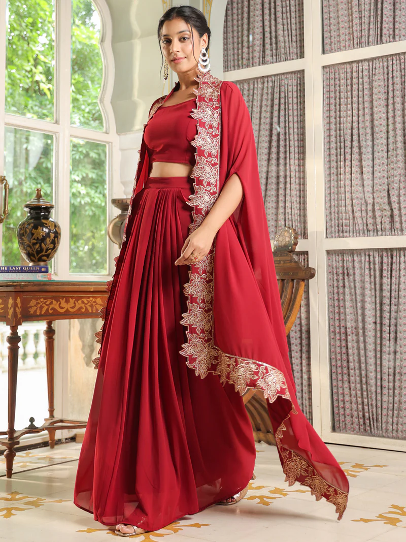 Maroon Georgette Zari Embroidered Crop Top With Skirt & Cape Set