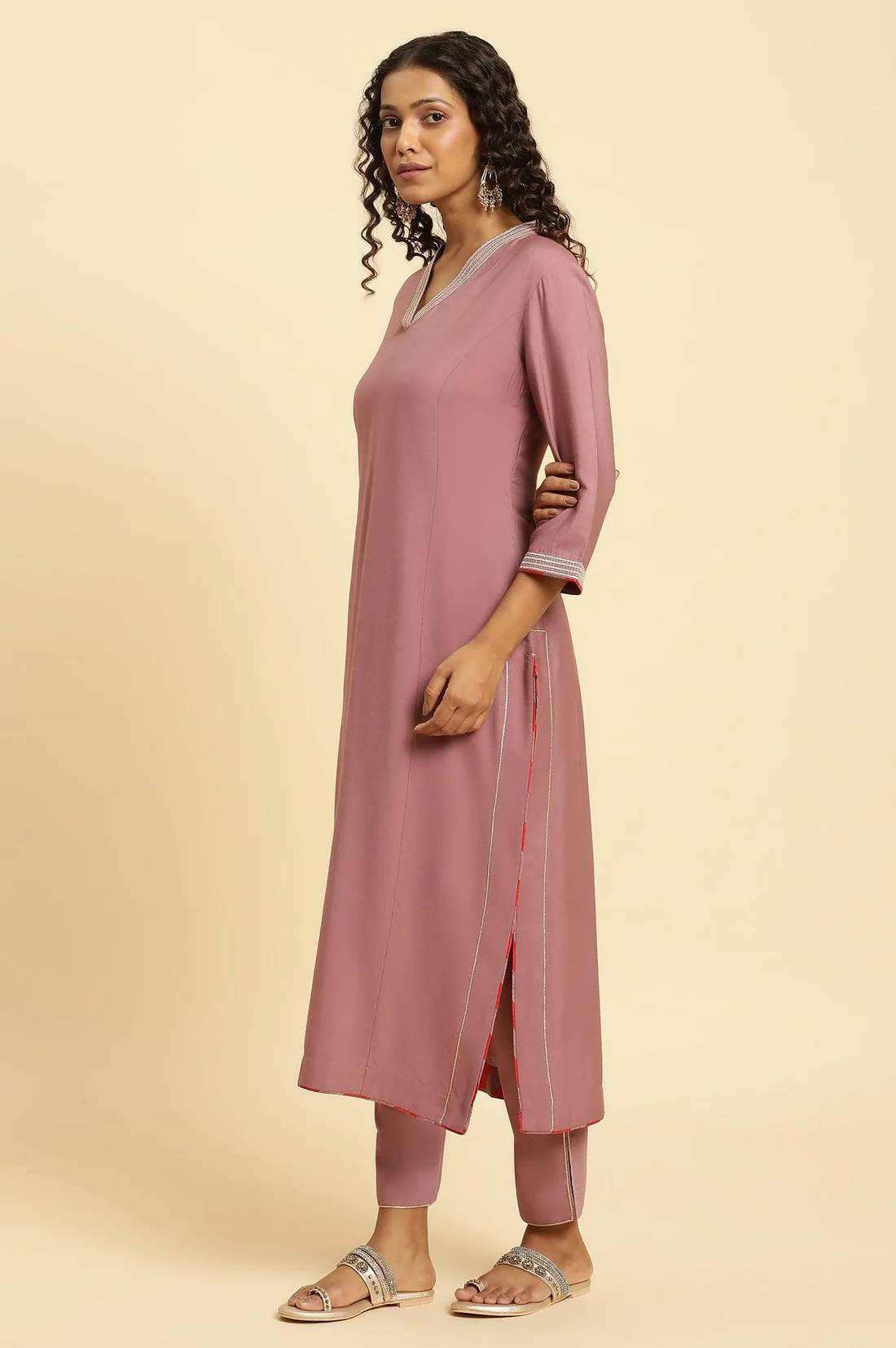 Pink Embellished Kurta, Pants And Jacquard Dupatta Set