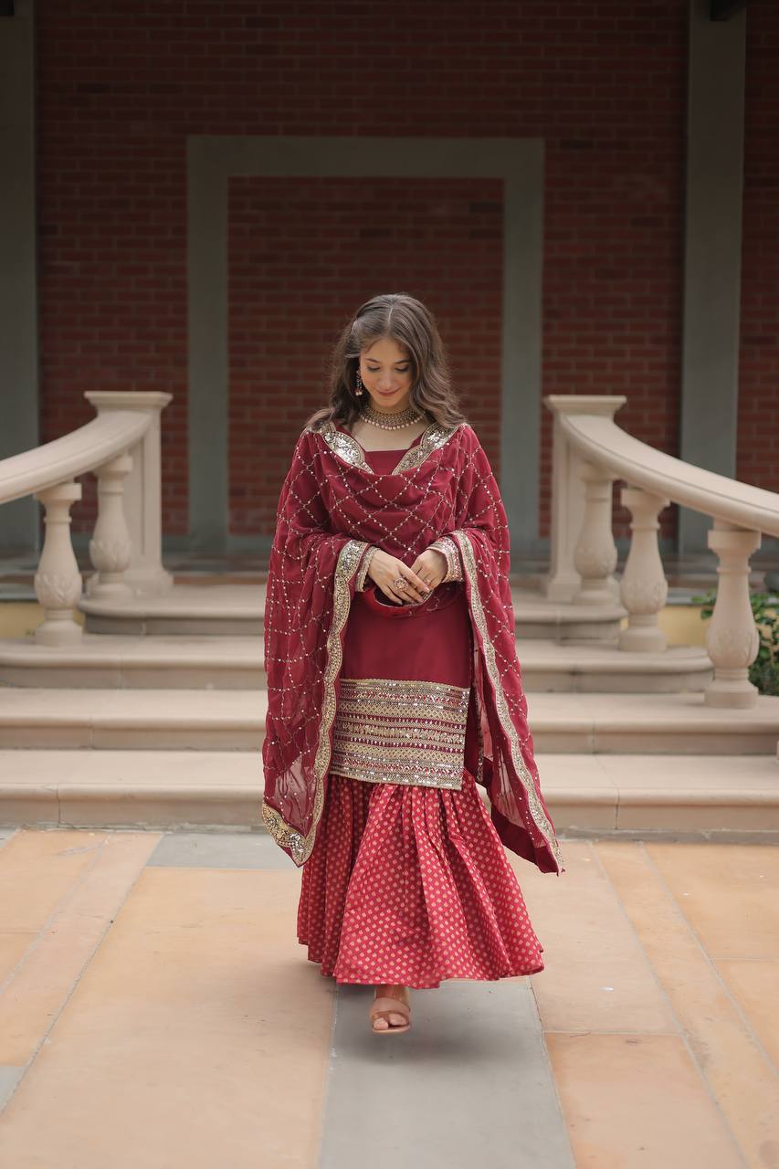 PREMIUM DESIGNER READYMADE TOP-SHARARA-DUPATTA MAROON COLOR