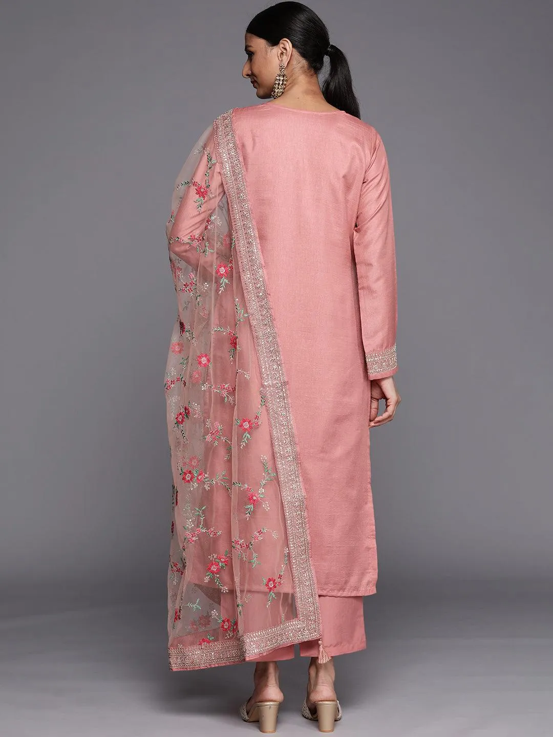 Peach Self Design Silk Blend Straight Kurta With Dupatta