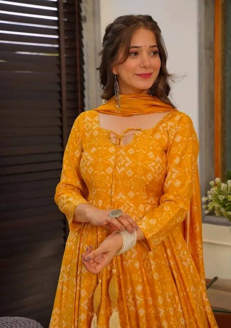 Yellow Embroidered Muslin Georgette Anarkali Set