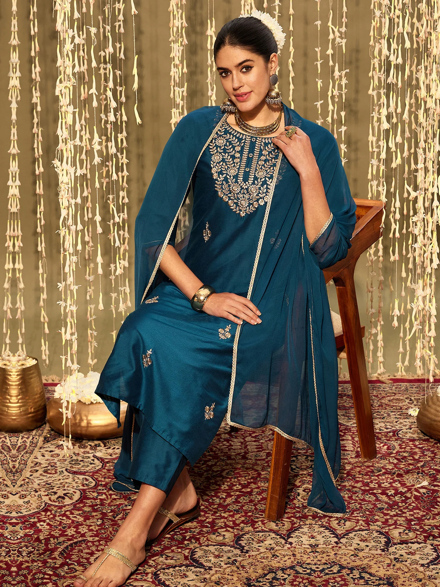 Teal Embroidered Straight Kurta Trousers With Dupatta set