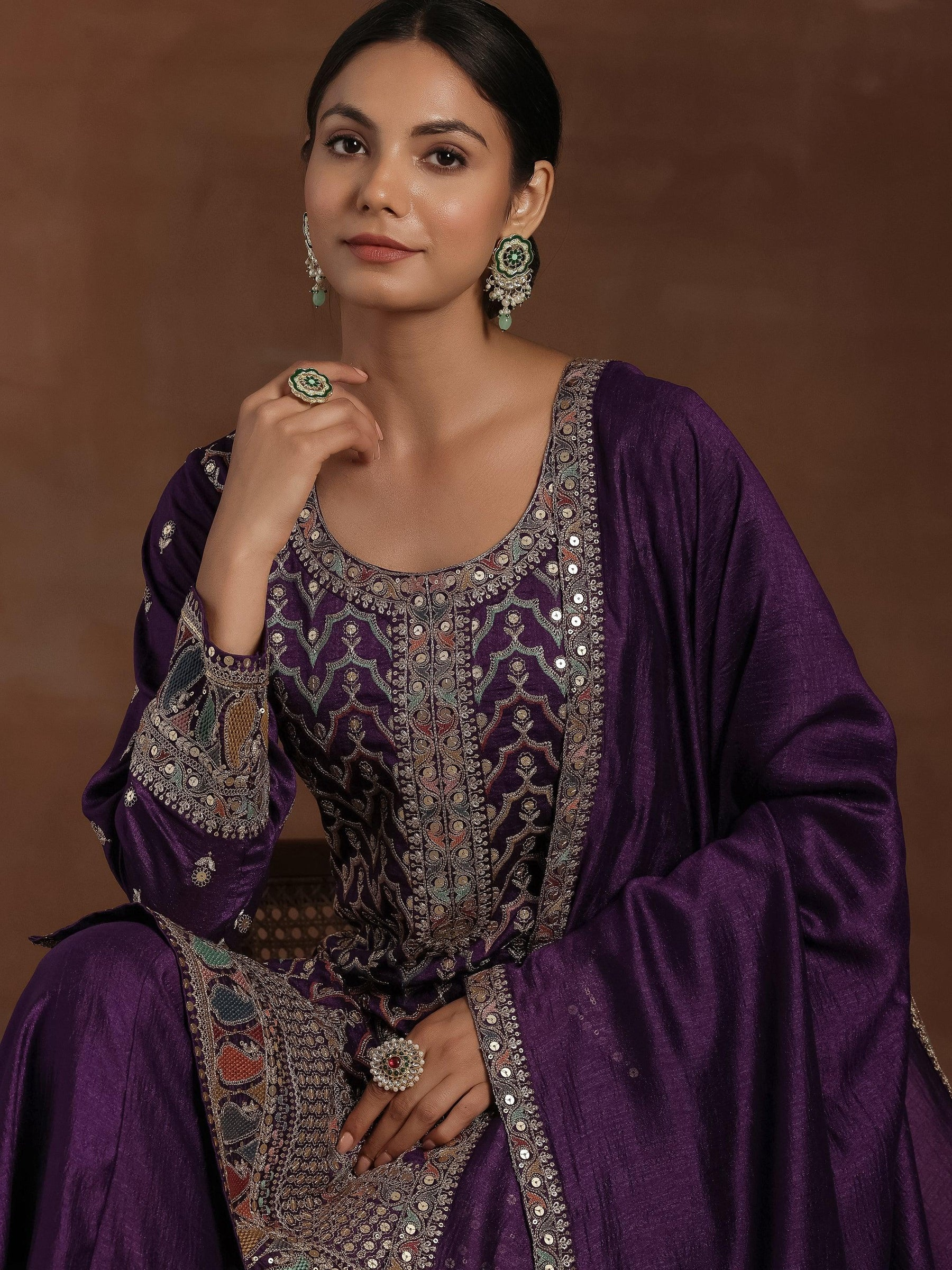 Purple Embroidered Silk Blend Straight Kurta With Palazzos & Dupatta