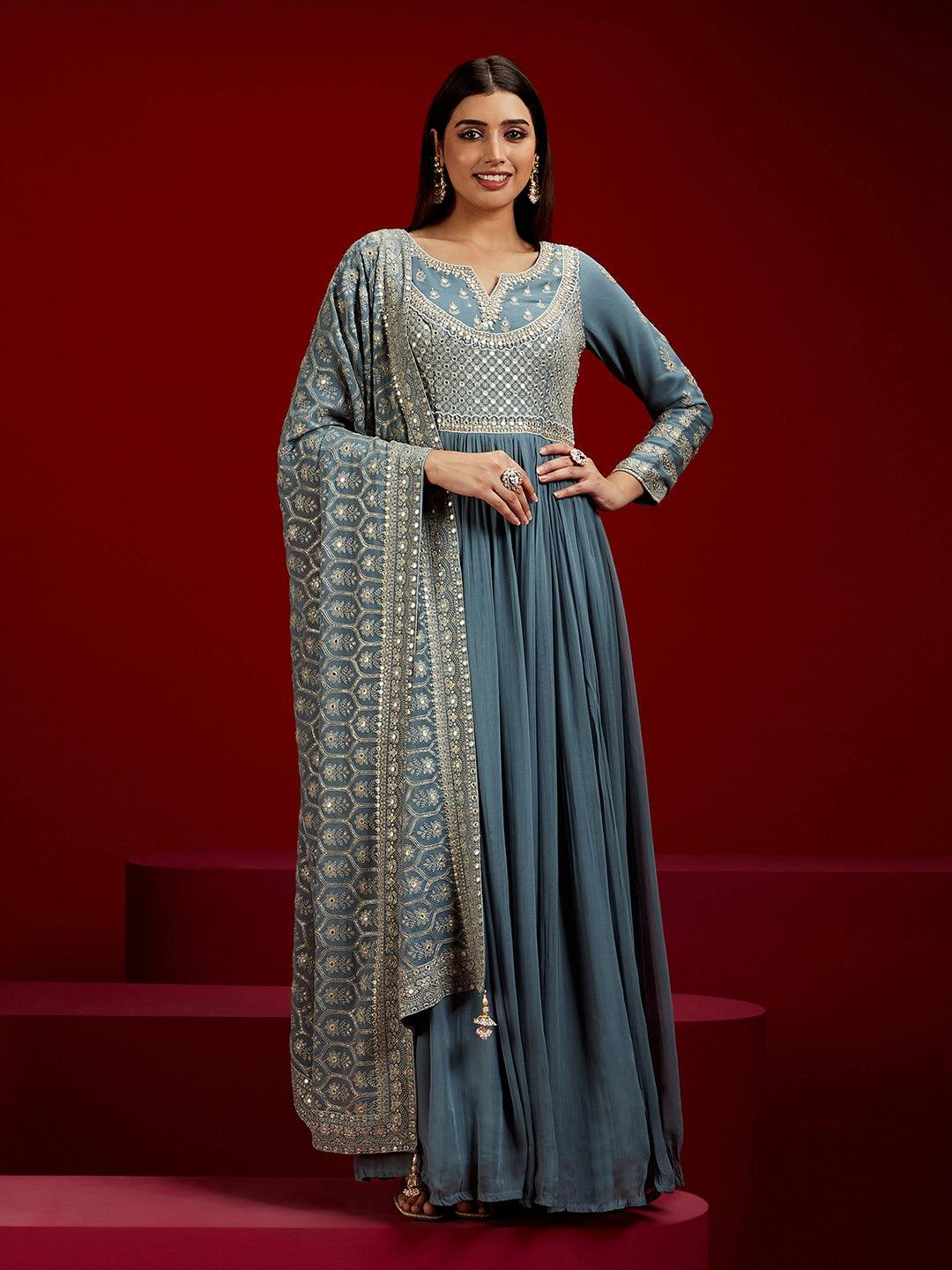 Grey Yoke Design Georgette A-Line Kurta With Trousers & Dupatta