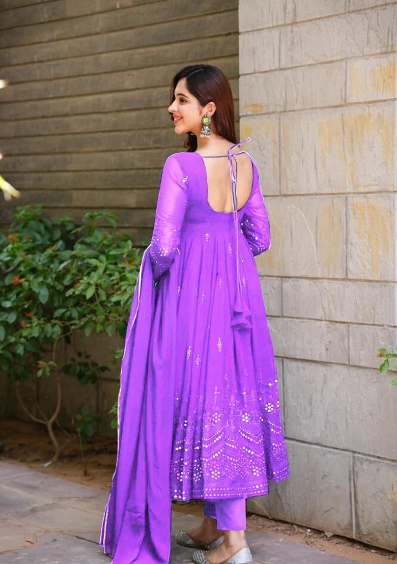 Purple Embroidered Georgette Anarkali Set