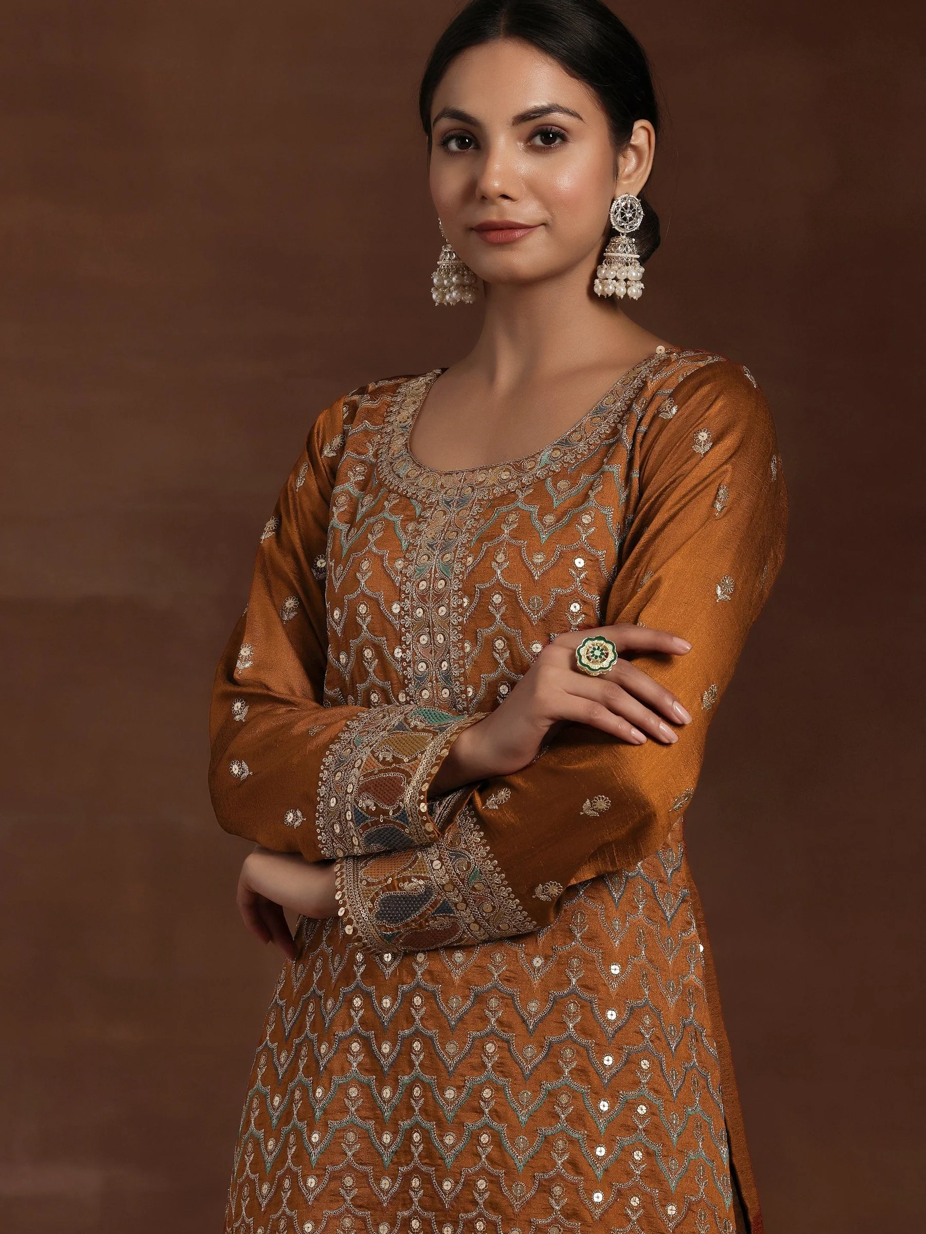 Rust Embroidered Silk Blend Straight Kurta With Palazzos & Dupatta