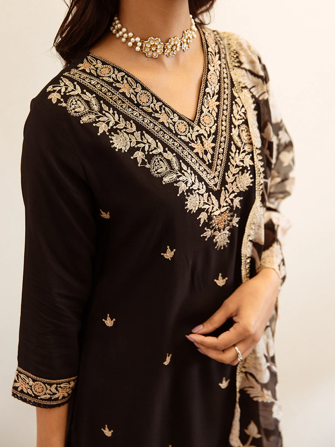 Black Embroidered Straight Kurta Salwar With Dupatta set