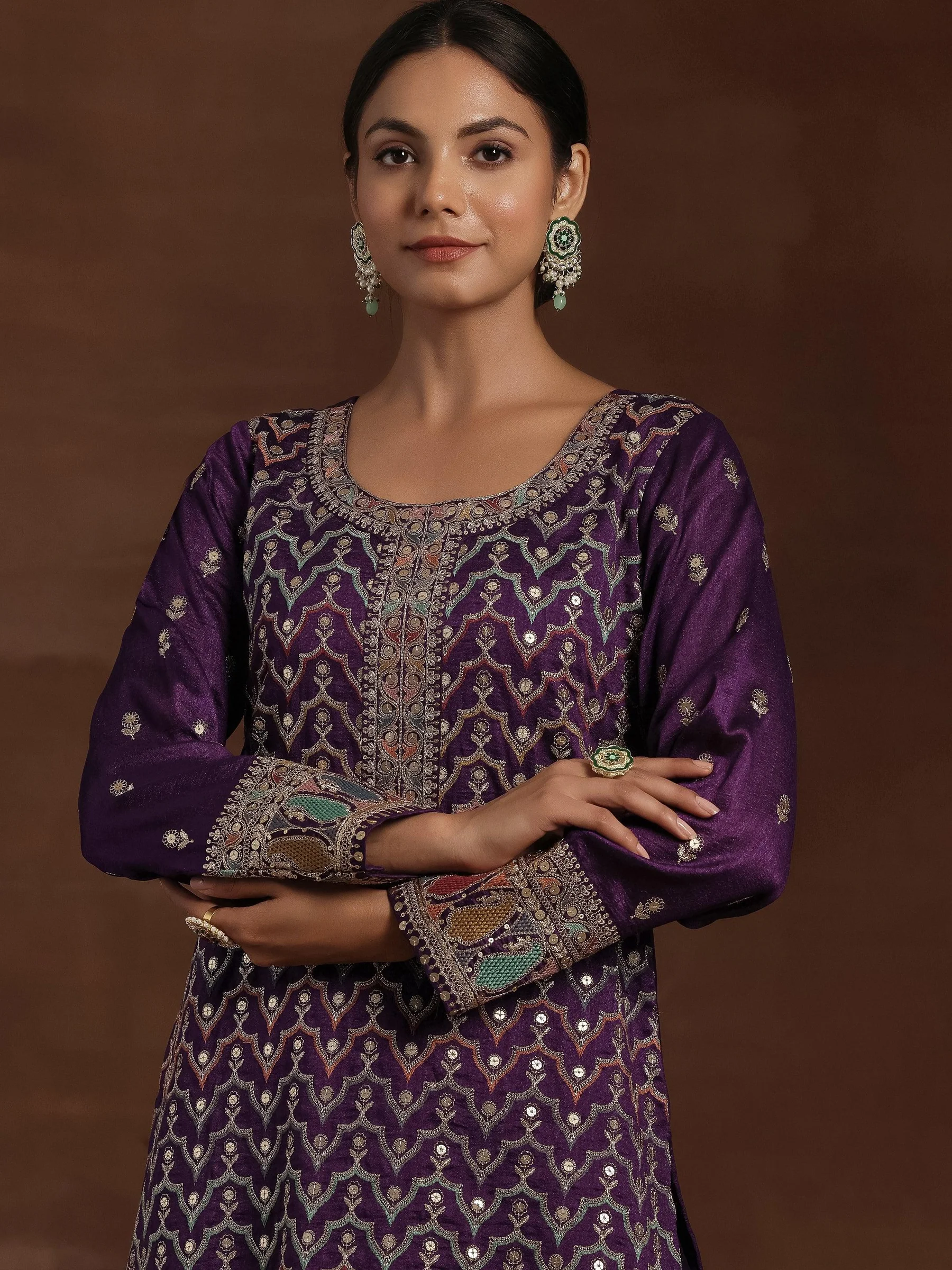 Purple Embroidered Silk Blend Straight Kurta With Palazzos & Dupatta