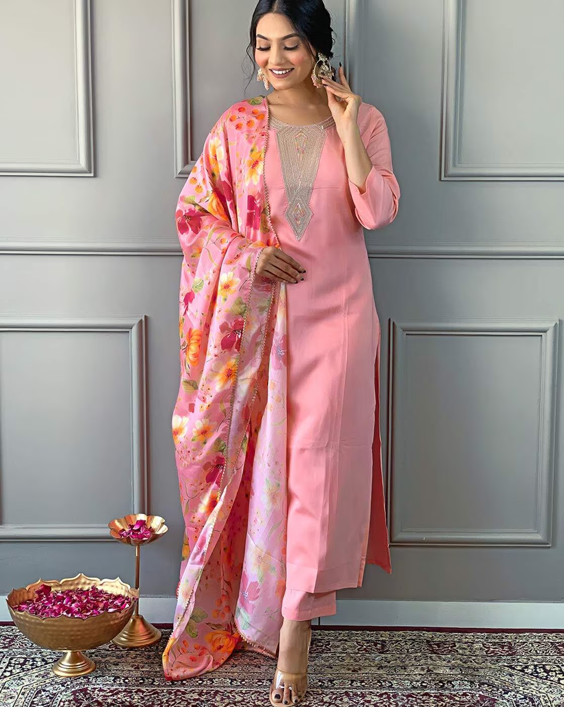 Womens Embroidered & Printed Straight Kurta with Pants & Printed Dupatta Set